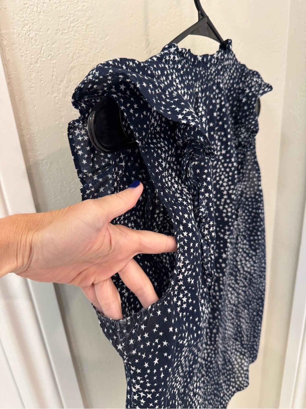 LOFT Navy and White Star-Print Ruffle Button-up Sleeveless Blouse - Picture 4 of 8